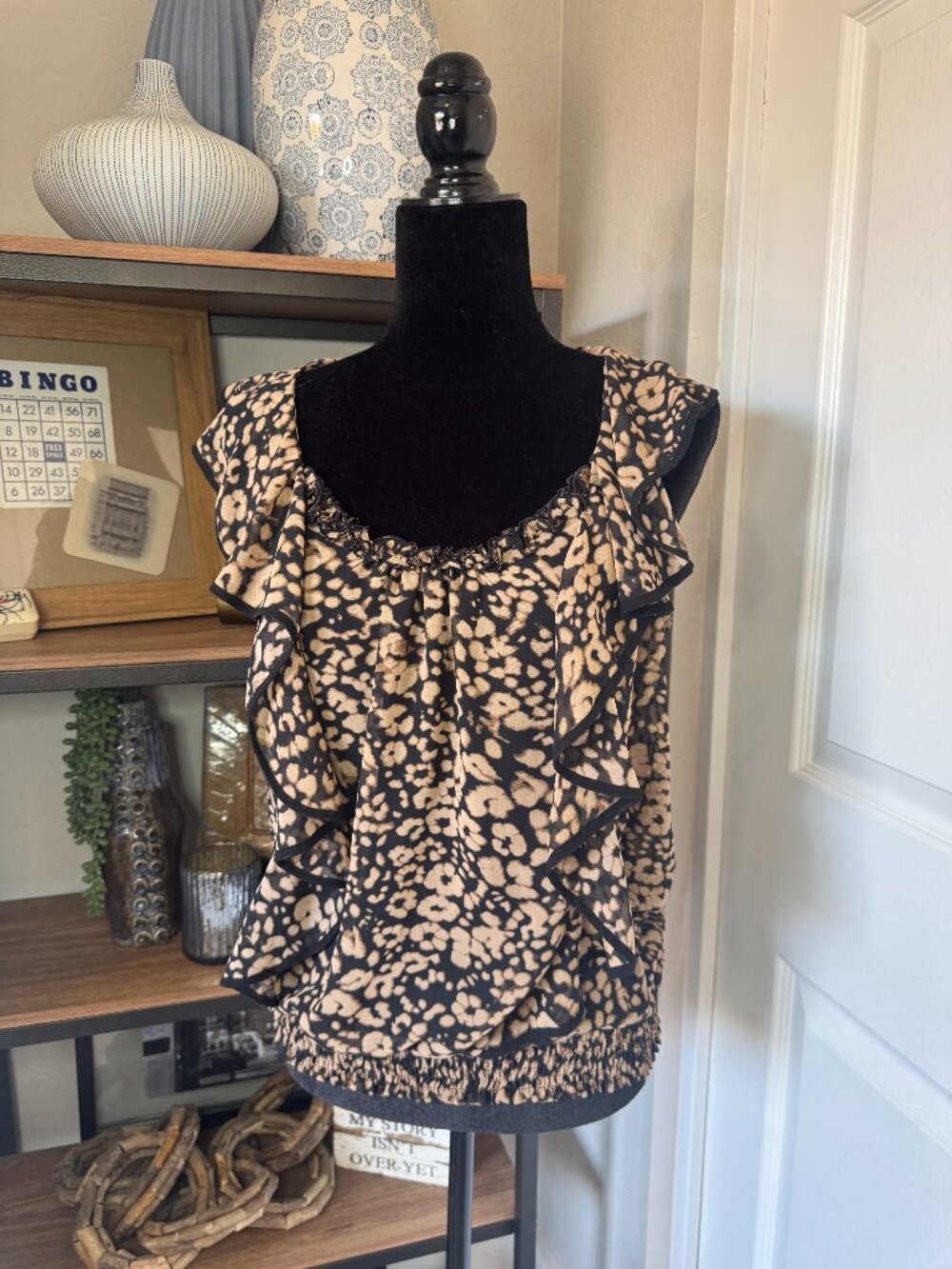 Express Tan & Black Floral Print Sheer Ruffle Top - Size M